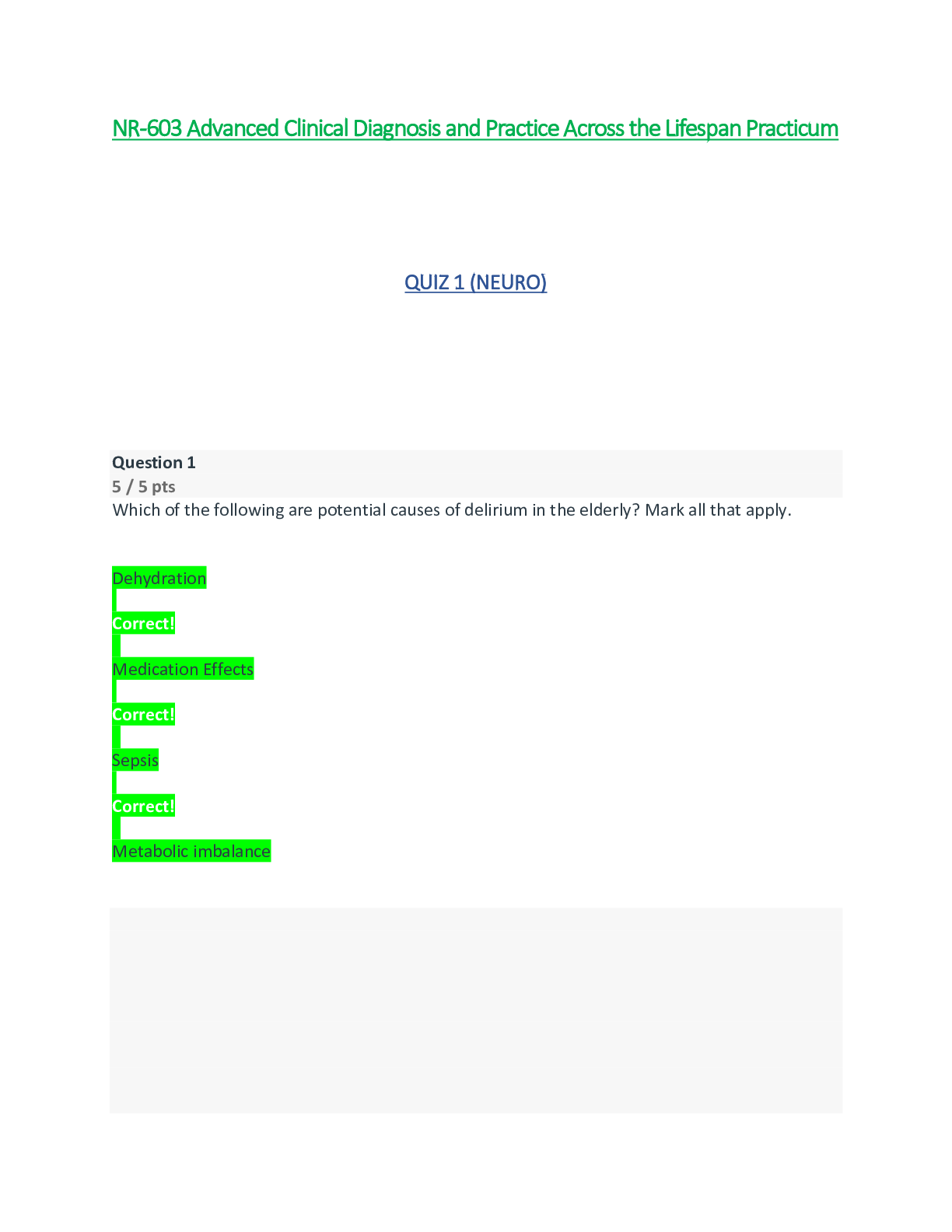 Preview of NR603 / NR-603 Quiz 1 (NEURO) (Latest Update): Advanced Clinical Diagnosis and Practice Ac